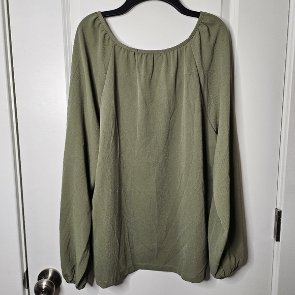 Kathy Ireland Olive Green Peasant Blouse Elastic Long Sleeves Tie Neck Large - Picture 3 of 10